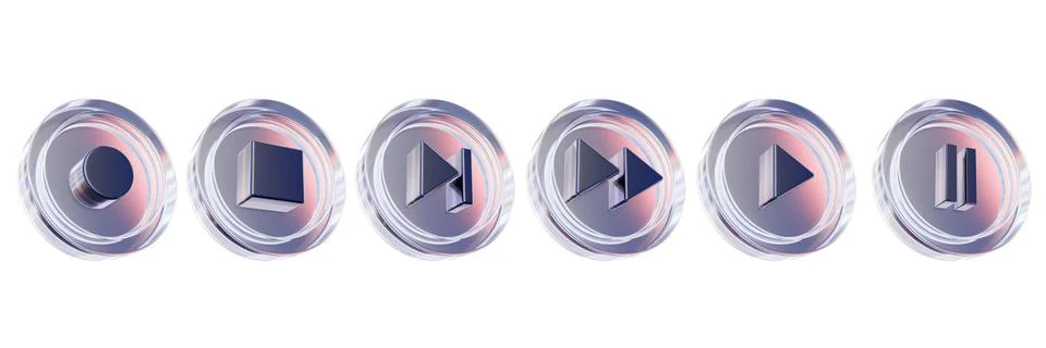 Video player button set, 3D glasses music play web sign, transparent circle Stock Illustration
