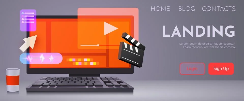 Video player on computer screen. Multimedia concepts. Cute design graphic イラスト素材
