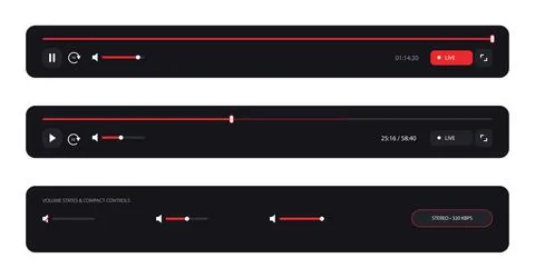 Video player control bar set with live stream indicators and volume slider state Illustrazione stock