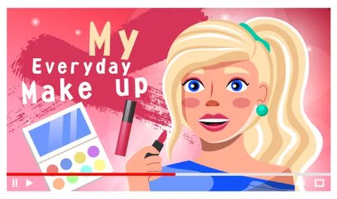 Video player interface, beautiful blonde woman holding lipstick telling about Illustrazione stock