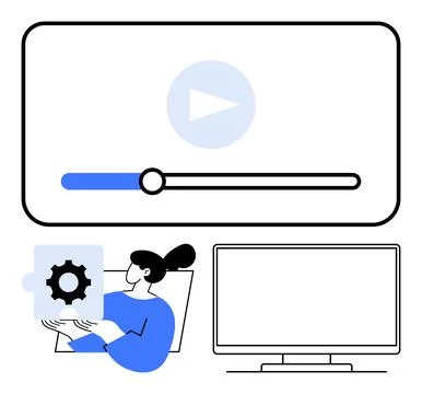 Video player interface, person holding puzzle piece with gear, and blank te.. Illustrazione stock