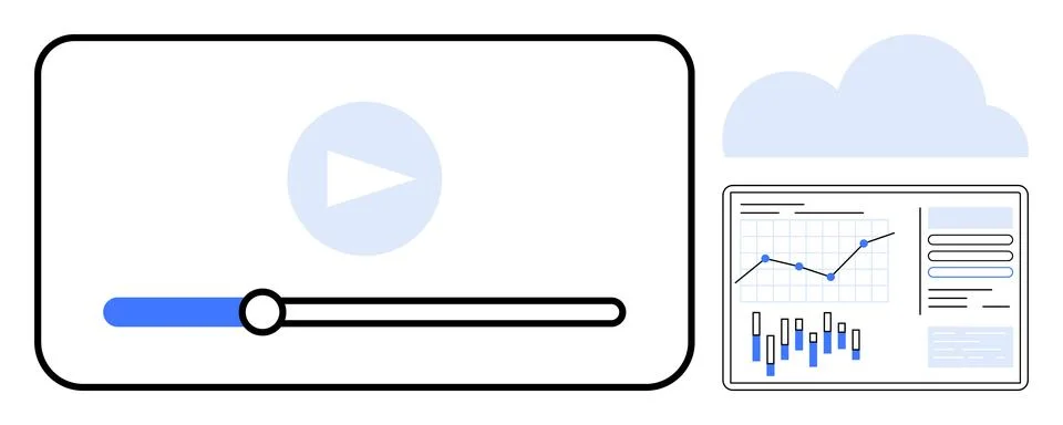 Video player interface with playback controls next to an analytics dashboard  스톡 일러스트