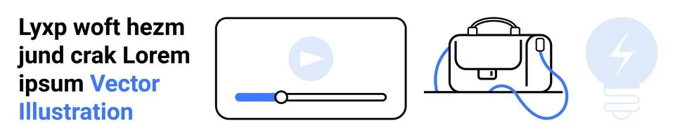 Video player with play button and progress bar, briefcase with handle and str Illustration