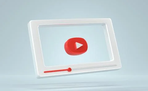 Video player with red button and empty white frame interface, angle view, 3d Stock Illustration