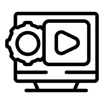 Video player setting on desktop computer screen with play button and gear ico Illustrazione stock
