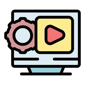 Video player settings on computer screen displaying play button and gear icon Stock Illustration