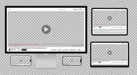 Video player template light mode for web and mobile apps on phones, monitor, Stock Illustration
