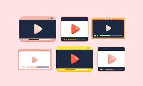 Video player template. Realistic 3d screen live stream. Set of Video frame ic Stock Illustration