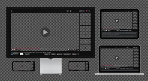 Video player template with side playlist night view for web and mobile apps on Stock Illustration