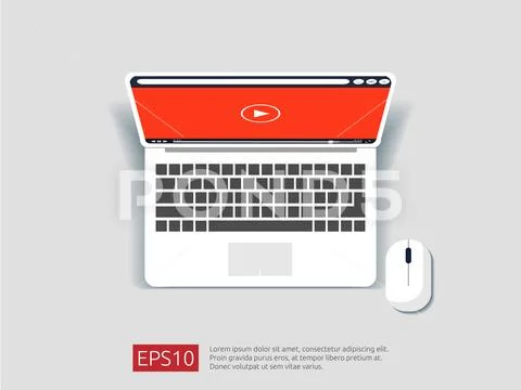Video player on top view of laptop screen template. flat style vector ...