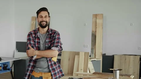 Video of portrait carpenter on the workplace Stock Footage 136724467