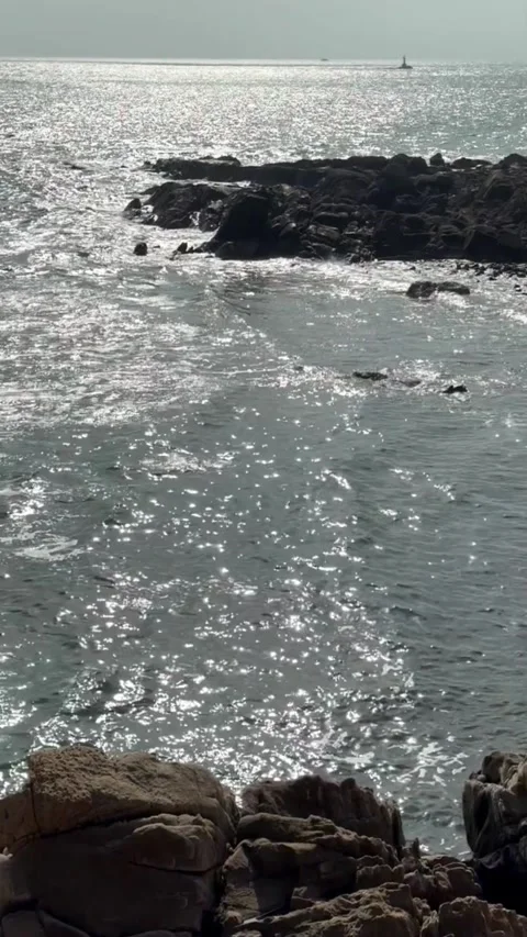 Video of powerful ocean waves crashing on rocky shore with sunlight reflection Vidéo 333605339