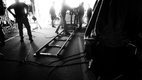 Video production camera dolly track at outdoor location Stock Photos