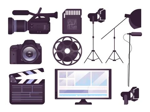 Video production equipment flat concept icons set Stock Illustration