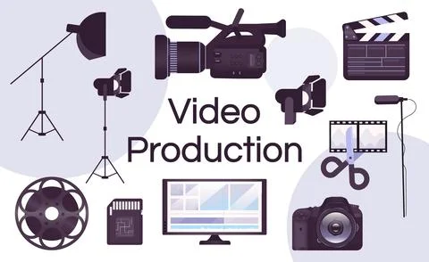 Video production equipment flat concept icons set Stock Illustration