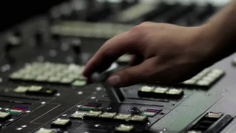 Video Production Operator Moving Transition Lever On Broadcast Console Desk - 4K Stock Footage 155528079