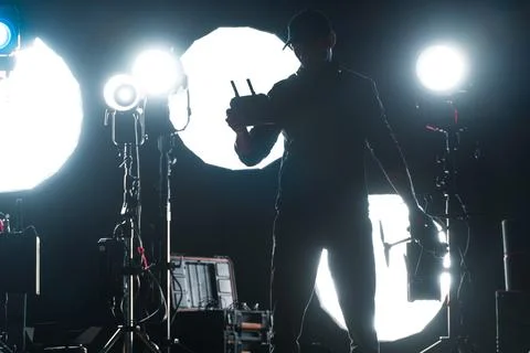 Video Production Studio Operator Preparing His Drone Foto stock