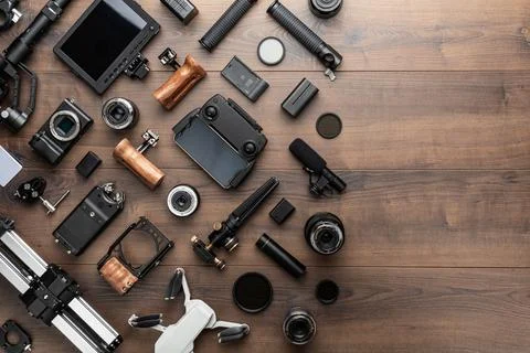 Video production tools on brown table view from above Stock Photos