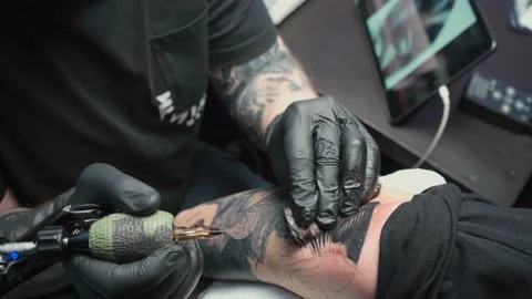 Video of professional getting tattoo of snake in salon Stock Footage 123833485