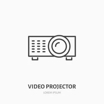 Video projector flat line icon. Multimedia equipment rental sign. Thin linear Illustrazione stock