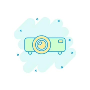Video projector sign icon in comic style. Cinema presentation device vector c Ilustración de archivo
