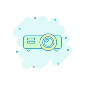Video projector sign icon in comic style. Cinema presentation device vector c Ilustración de archivo