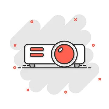 Video projector sign icon in comic style. Cinema presentation device vector c Illustrazione stock