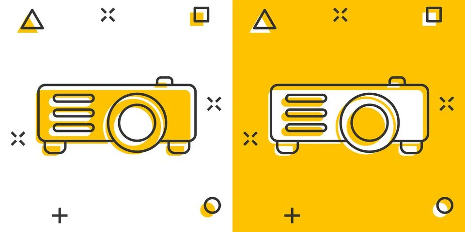 Video projector sign icon in comic style. Cinema presentation device vector c Stock Illustration