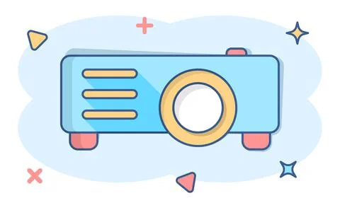 Video projector sign icon in comic style. Cinema presentation device vector c Stock Illustration