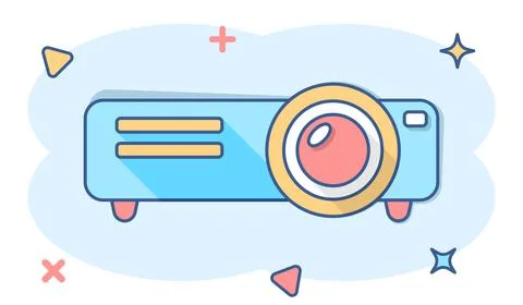 Video projector sign icon in comic style. Cinema presentation device vector c Stock Illustration