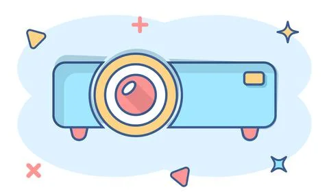 Video projector sign icon in comic style. Cinema presentation device vector c Stock Illustration