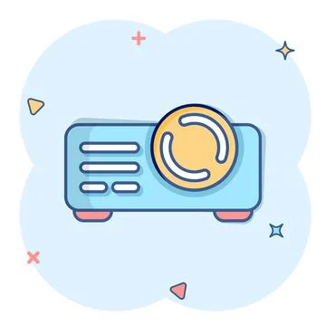 Video projector sign icon in comic style. Cinema presentation device cartoon  Stock Illustration