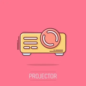 Video projector sign icon in comic style. Cinema presentation device cartoo.. Illustrazione stock