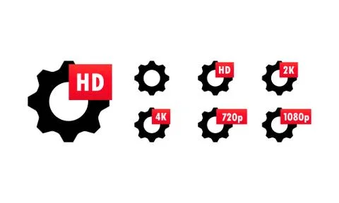 Video quality symbol HD, Full HD, 2K, 4K, 720p, 1080p icon set. Gears with qu Stock Illustration