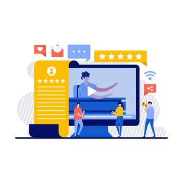 Video rate feedback concept with tiny character. online promotion presentat.. Stock Illustration