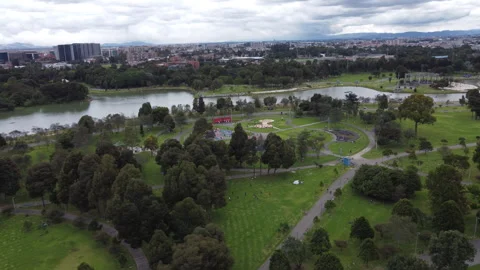 Video recorded with a drone with a view of the lake and green areas in Bogota Stock Footage 247814853