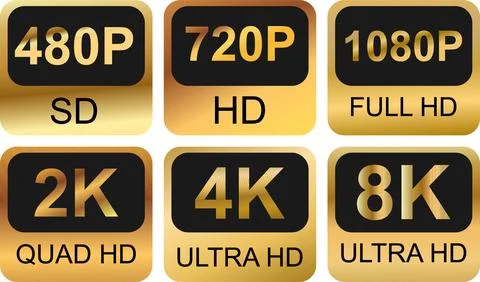 Video resolution badges showing SD HD Full HD 2K 4K and 8K Stock Illustration