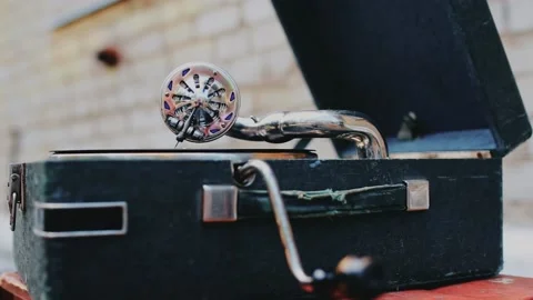 Video of a retro gramophone with a record playing music Stock Footage 155494473