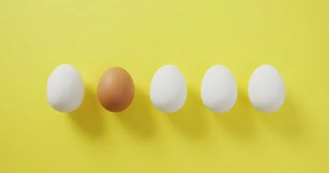 Video of row of one brown and four white eggs with copy space on yellow Stock Footage 339650535