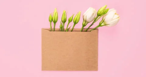 Video scale on tender pink Eustoma flower arrangement with flowers and blank Stock Footage 276003468