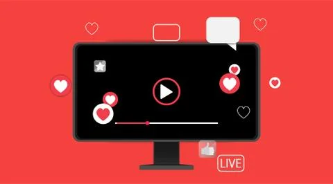 Video screen play button, Streaming preview template, 3d with likes and heart Illustrazione stock