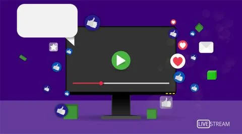 Video screen play button, Streaming preview template, 3d with likes and heart Stockillustratie