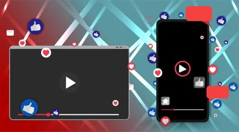 Video screen play button, Streaming preview template, 3d with likes and heart 스톡 일러스트