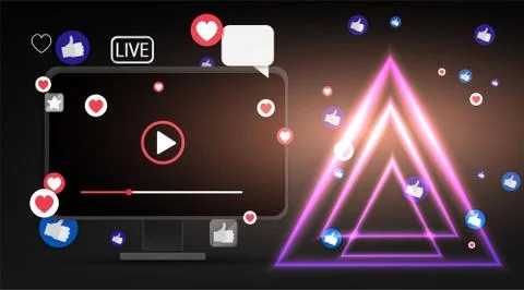 Video screen play button, Streaming preview template, 3d with likes and heart Illustrazione stock