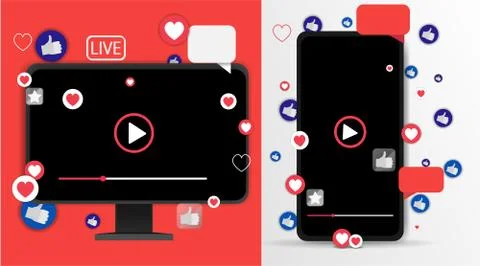 Video screen play button, Streaming preview template, 3d with likes and heart 스톡 일러스트