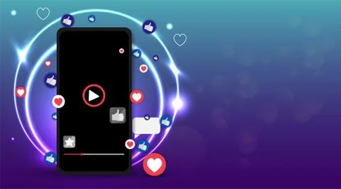 Video screen play button, Streaming preview template, 3d with likes and heart 스톡 일러스트