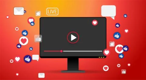 Video screen play button, Streaming preview template, 3d with likes and heart Stock Illustration