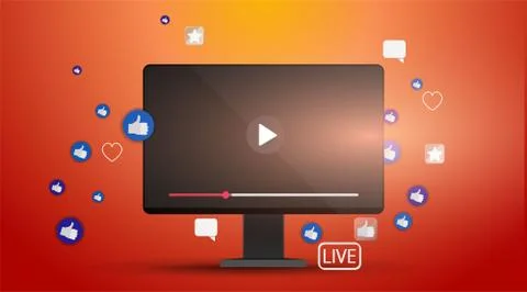 Video screen play button, Streaming preview template, 3d with likes and heart Illustrazione stock