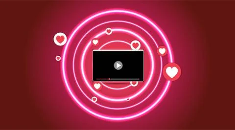 Video screen play button, Streaming preview template, 3d with likes and heart Illustrazione stock