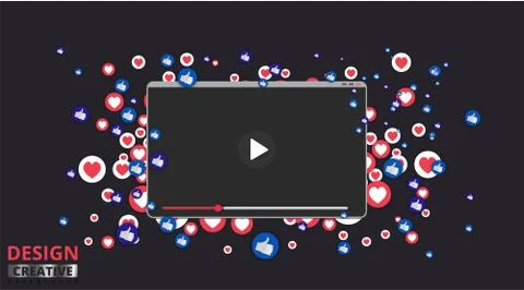 Video screen play button, Streaming preview template, 3d with likes and heart 스톡 일러스트